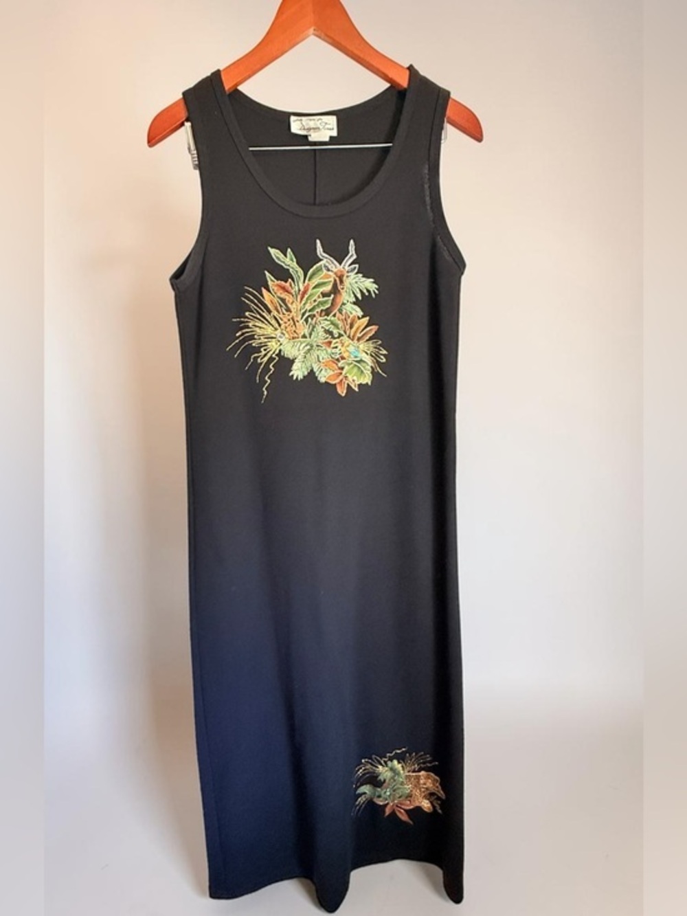 Judy Meyers for Designer Times Black Tropical Bird Art Midi Dress Size M